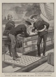 Officers signing their Names on going on Board a Transport